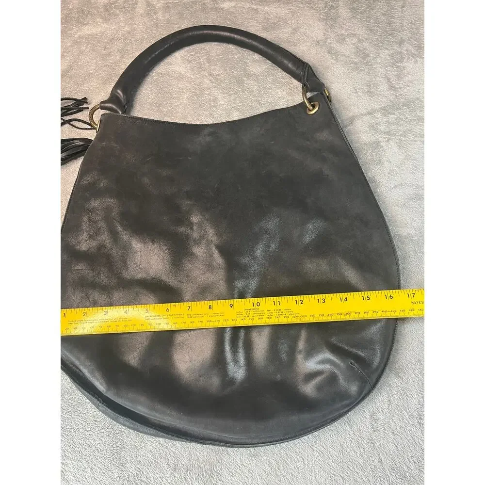Chen & Derington Black Leather Hobo‎ Bag Tassel Shoulder Bag Brass Hardware